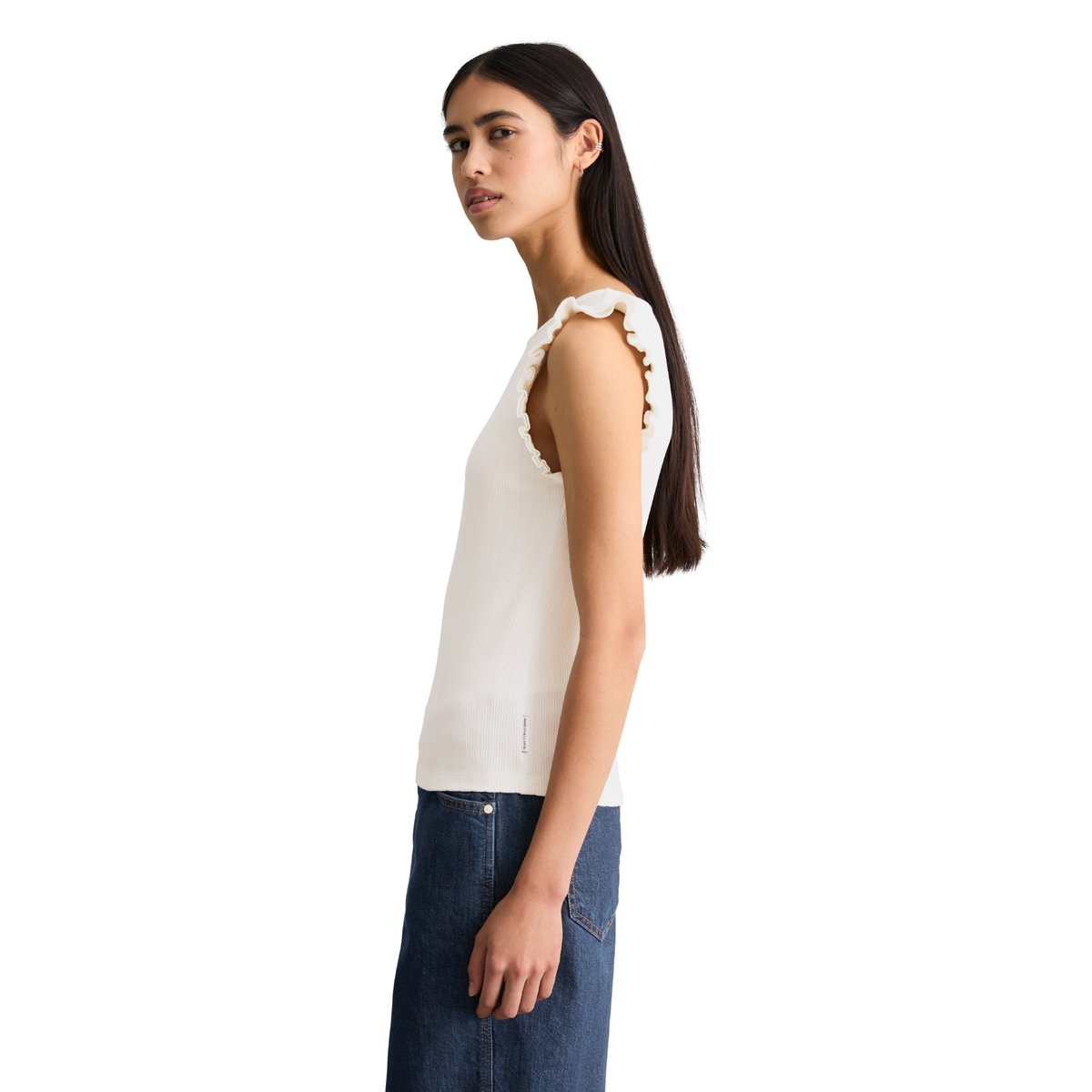 Top à volants sans manches regular en mélange de coton bio blanc, MARC O’POLO DENIM