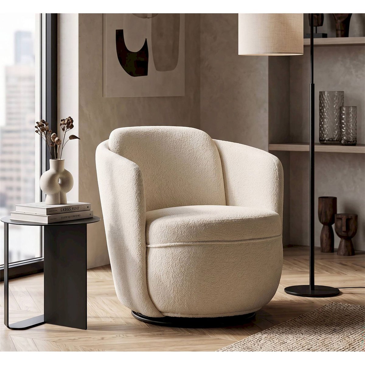 Fauteuil pivotant enveloppant dossier haut MODERN crème, RECOLLECTION