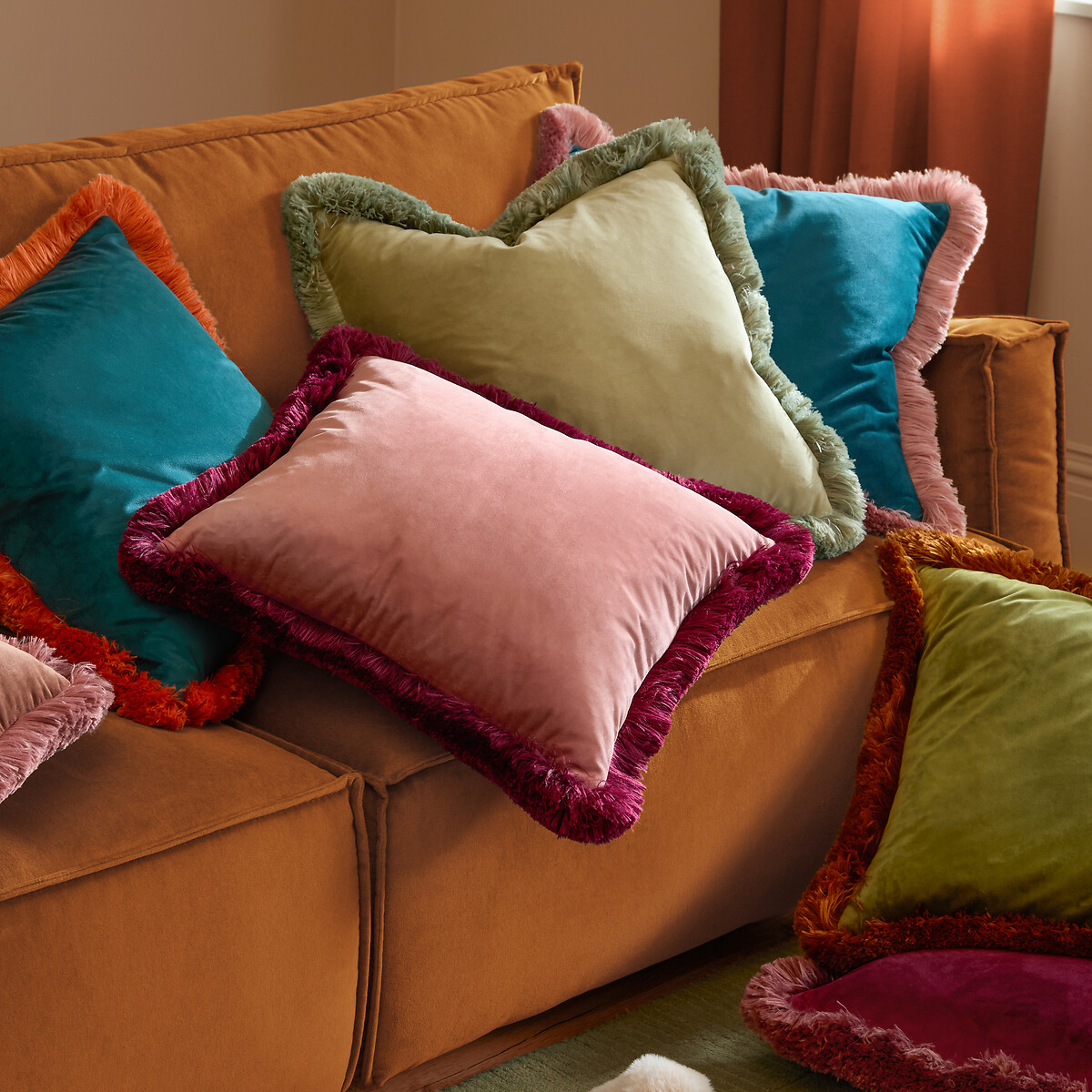 Halo Fringed Velvet Cushion coral/teal, FURN.