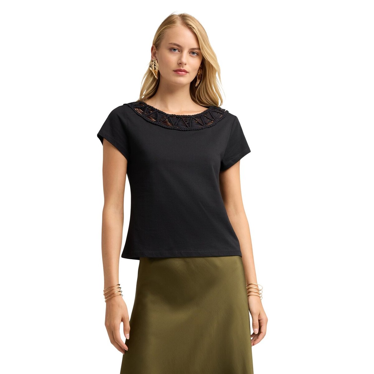 T-shirt avec encolure bateau brodée noir, MOTIVI