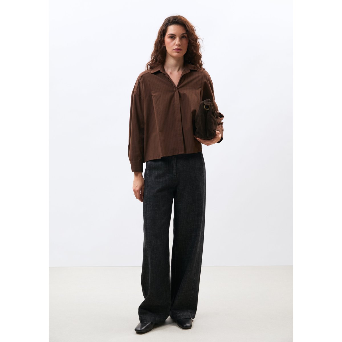 Chemise oversize manches longues à rayures marron, HUMILITY