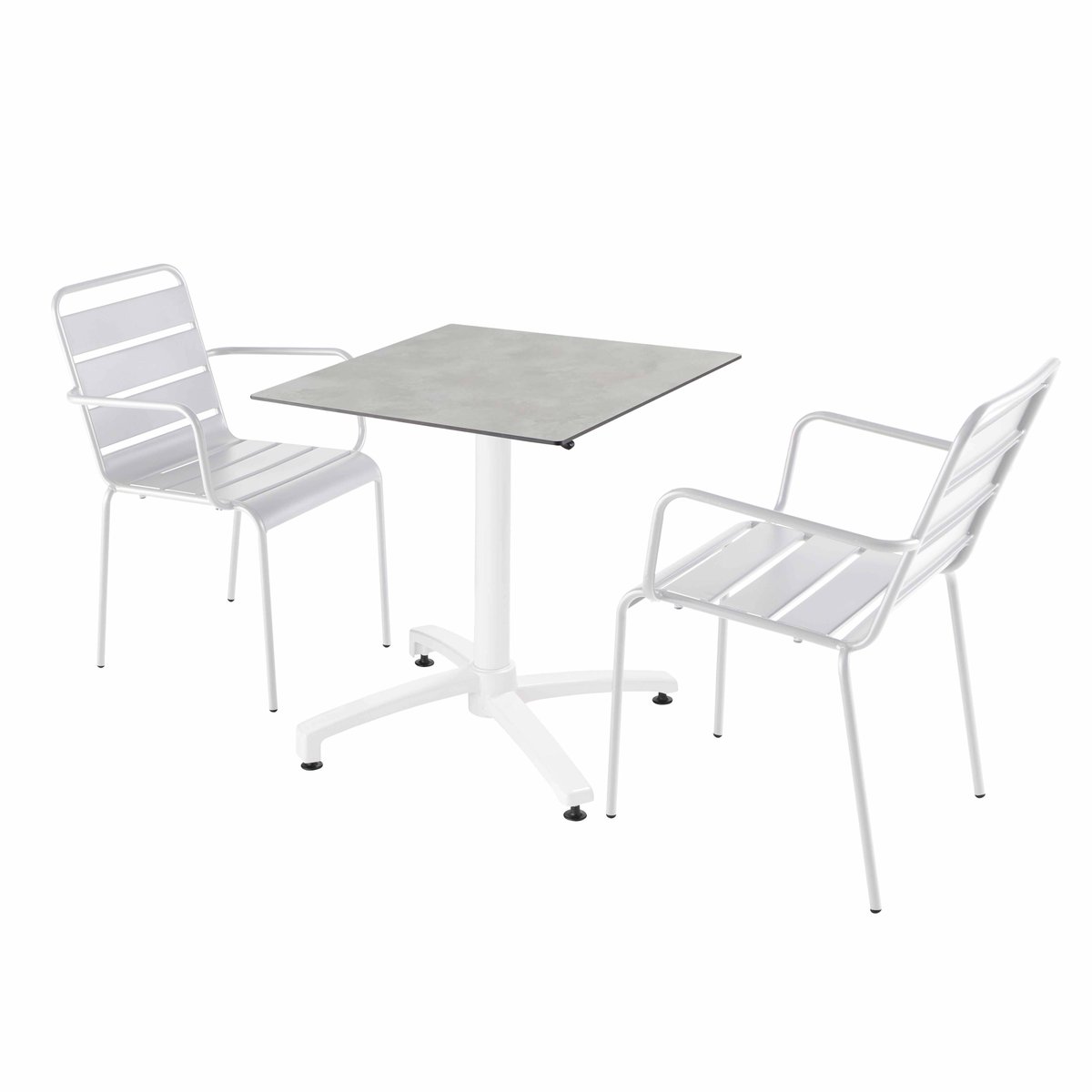 Table en HPL inclinable pied blanc et 2 chaises en métal, OPERA béton gris clair, OVIALA