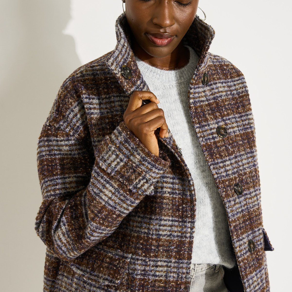 Manteau court à carreaux marron, GRAIN DE MALICE