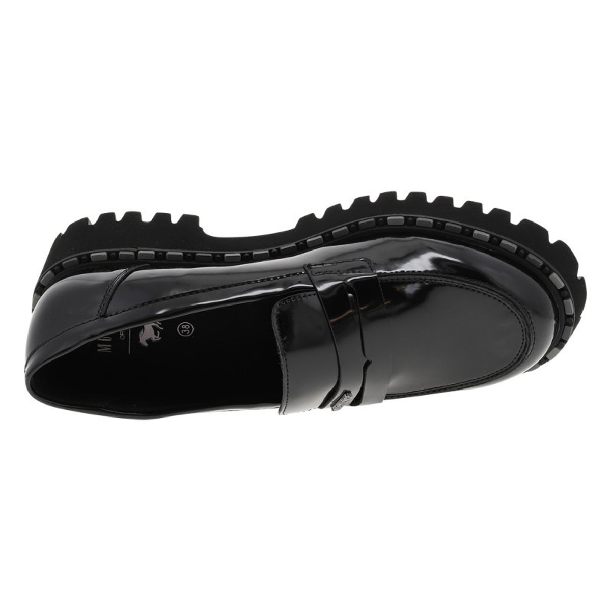 Mocassins noirs vernis avec un talon décroché bas et à slip-on noirs vernis, MUSTANG