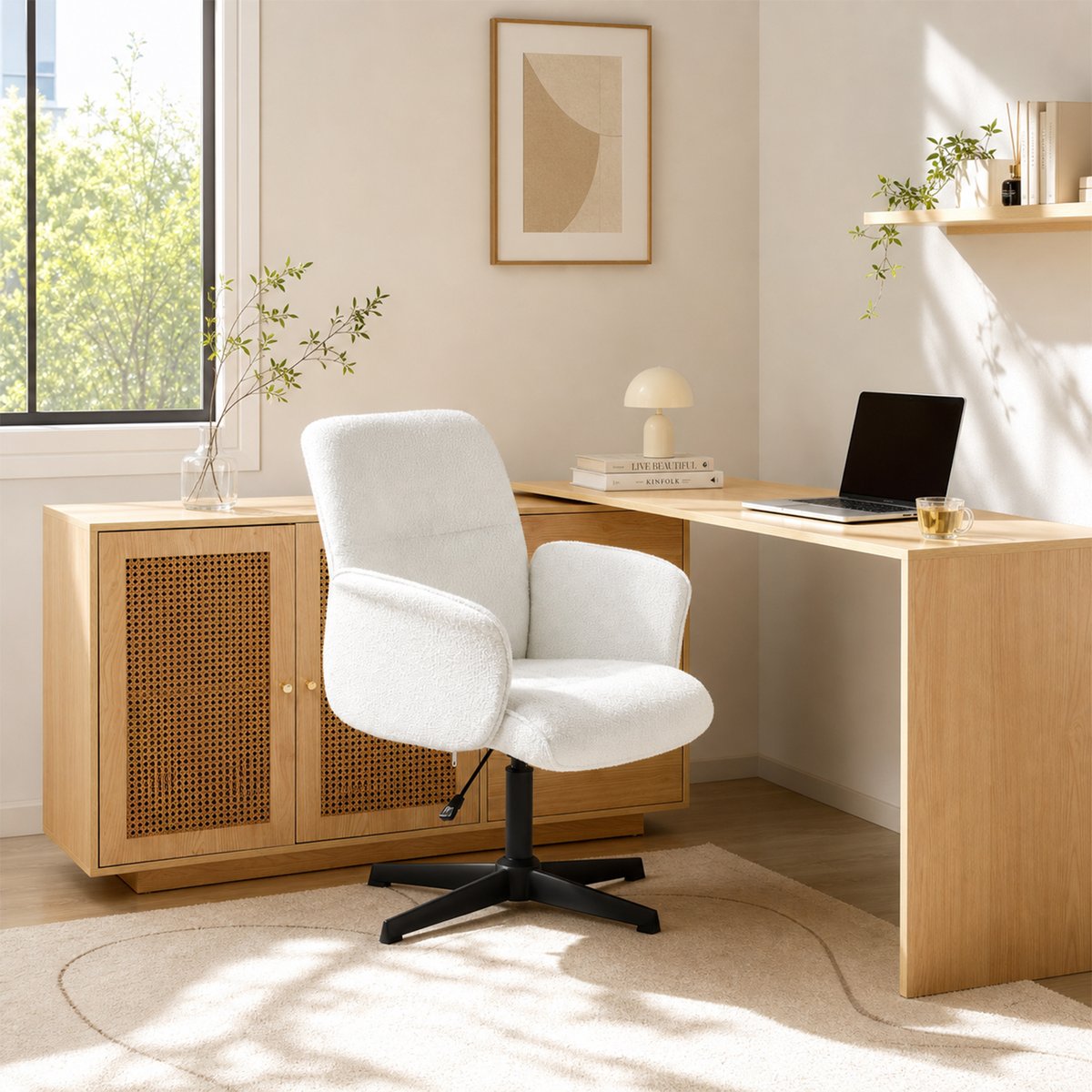 Ensemble de bureau d’angle rotatif avec portes rotin et chaise de bureau, DICCPERNTHOMASINAB blanc, MEUBLES COSY