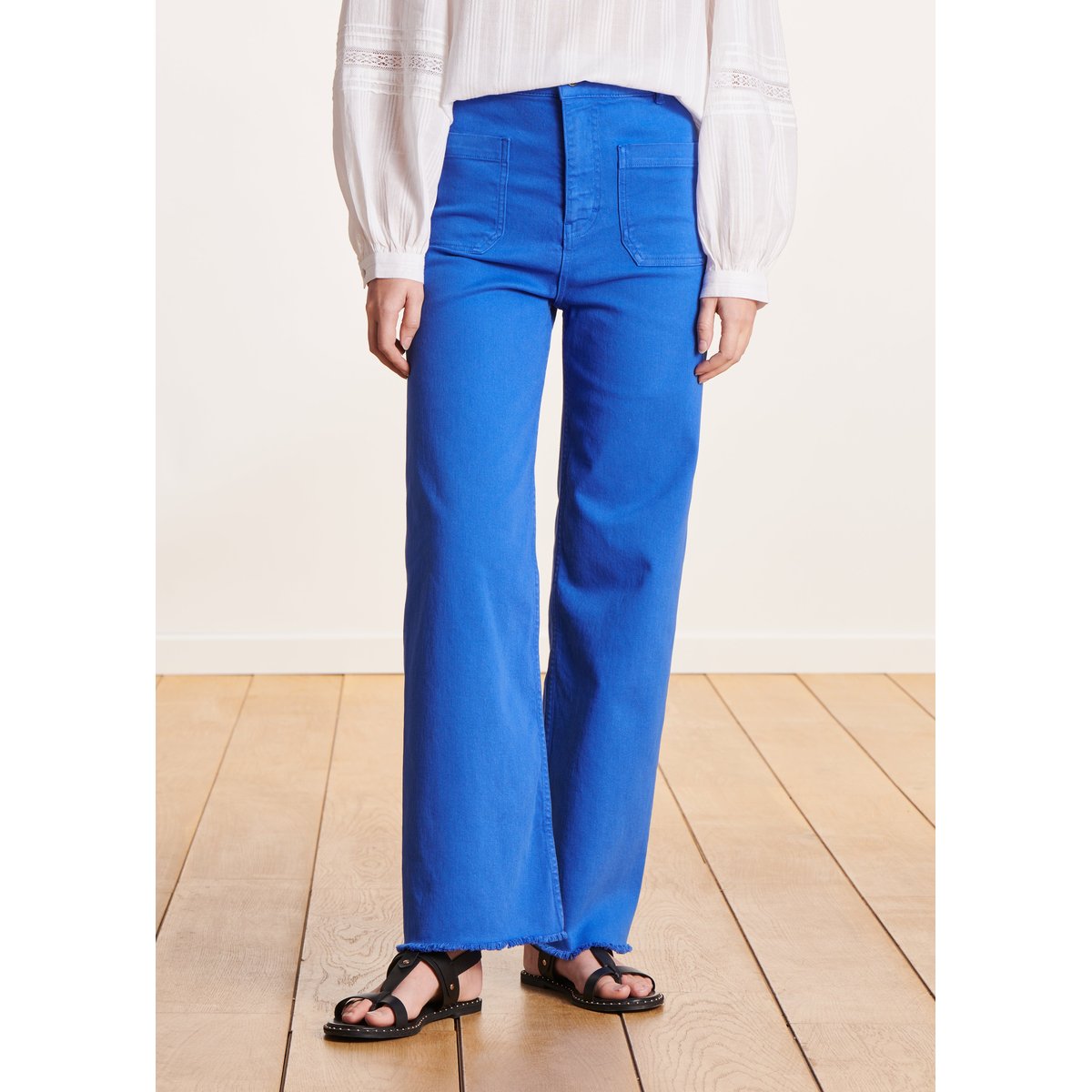 Jean flare taille haute en coton biologique bleu royal, LA FEE MARABOUTEE