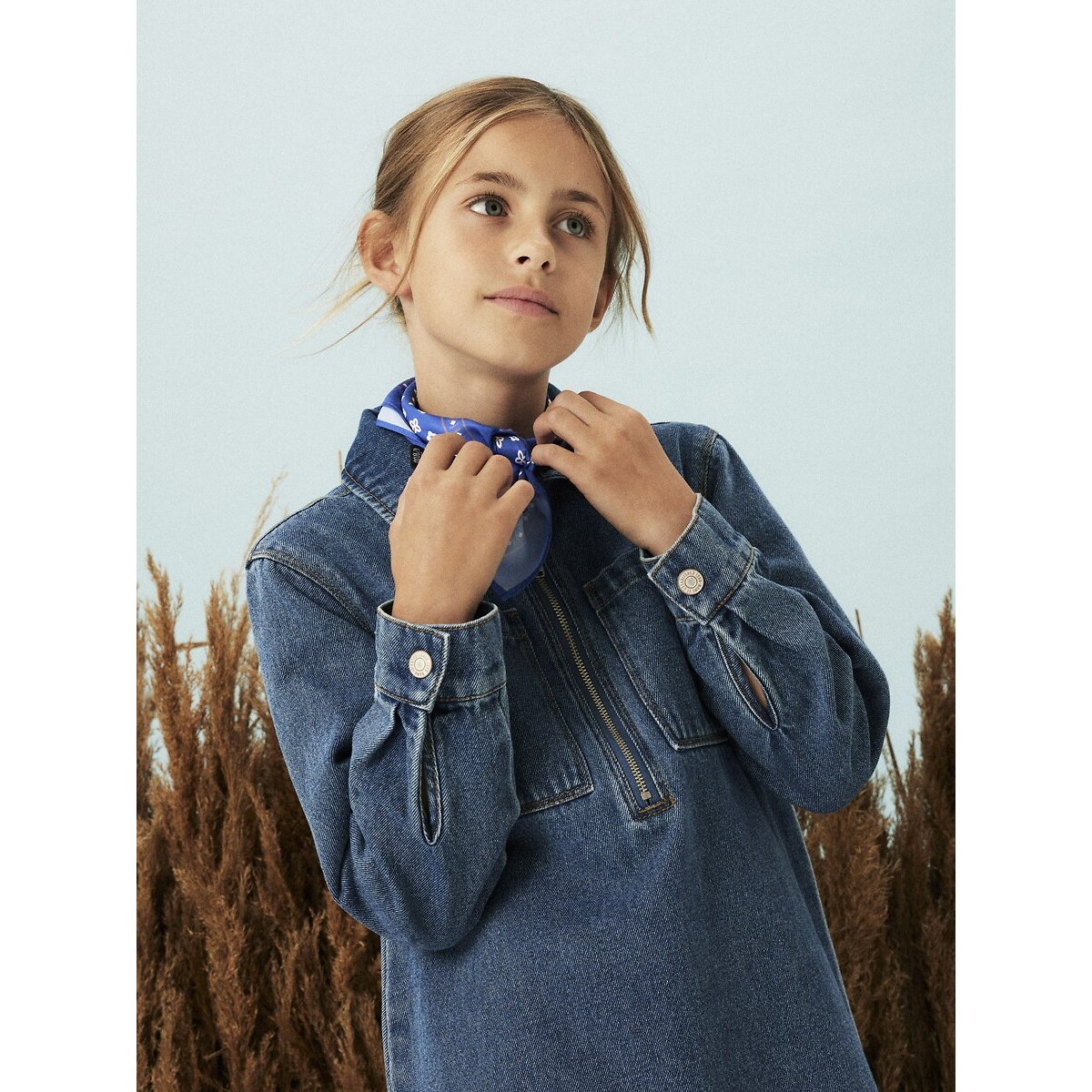 Robe patineuse manches longues imprimé floral bleu denim, NAME IT