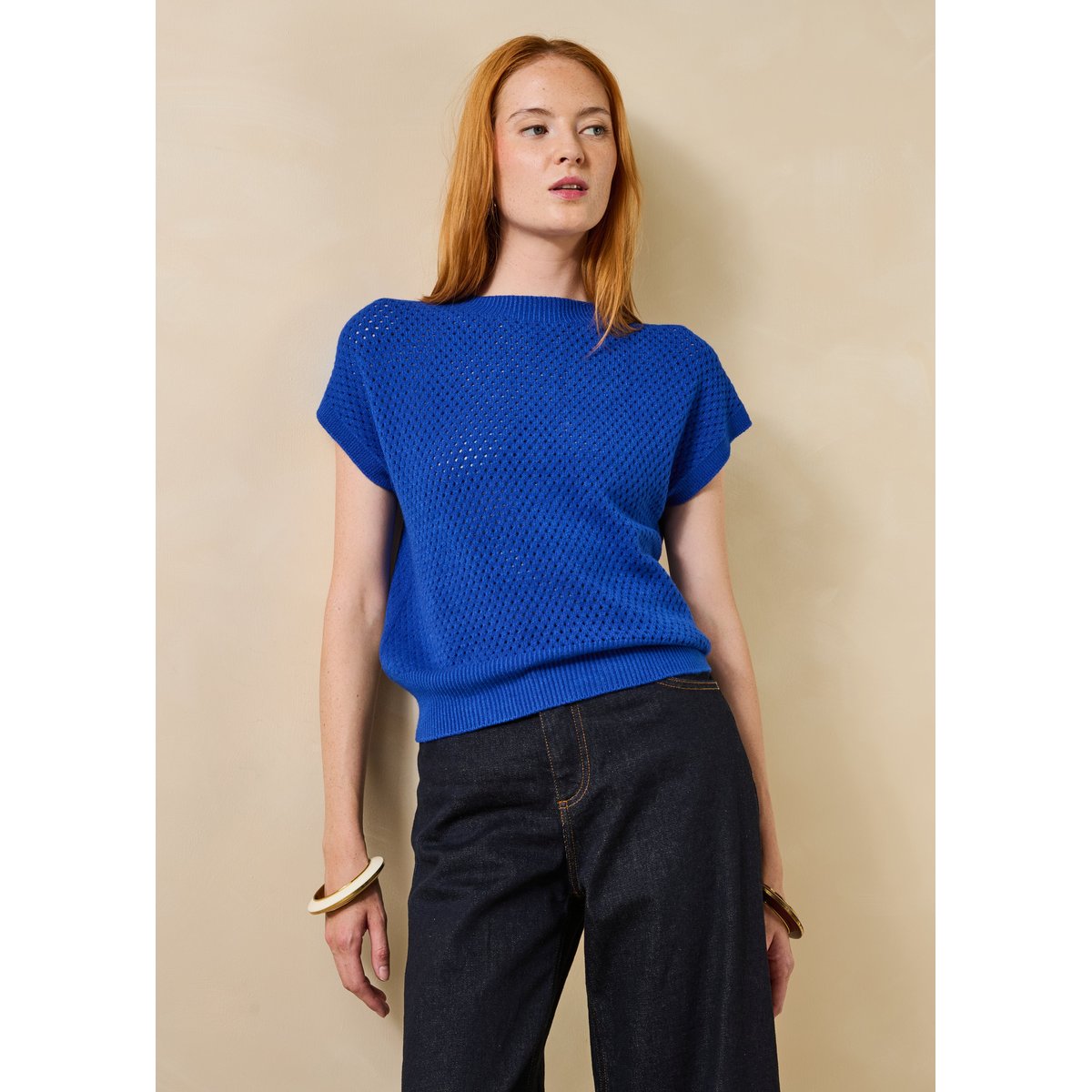 Pull manches courtes en maille col rond bleu roi, LA FEE MARABOUTEE