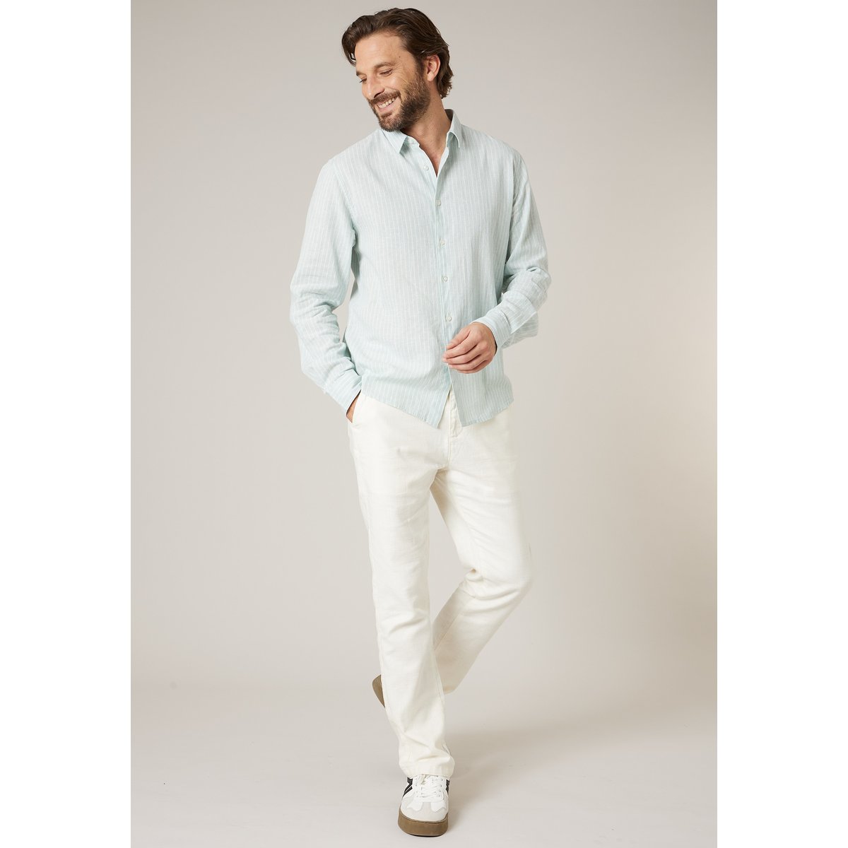 Chemise manches longues homme en lin à légères rayures MYERS artic, DEELUXE