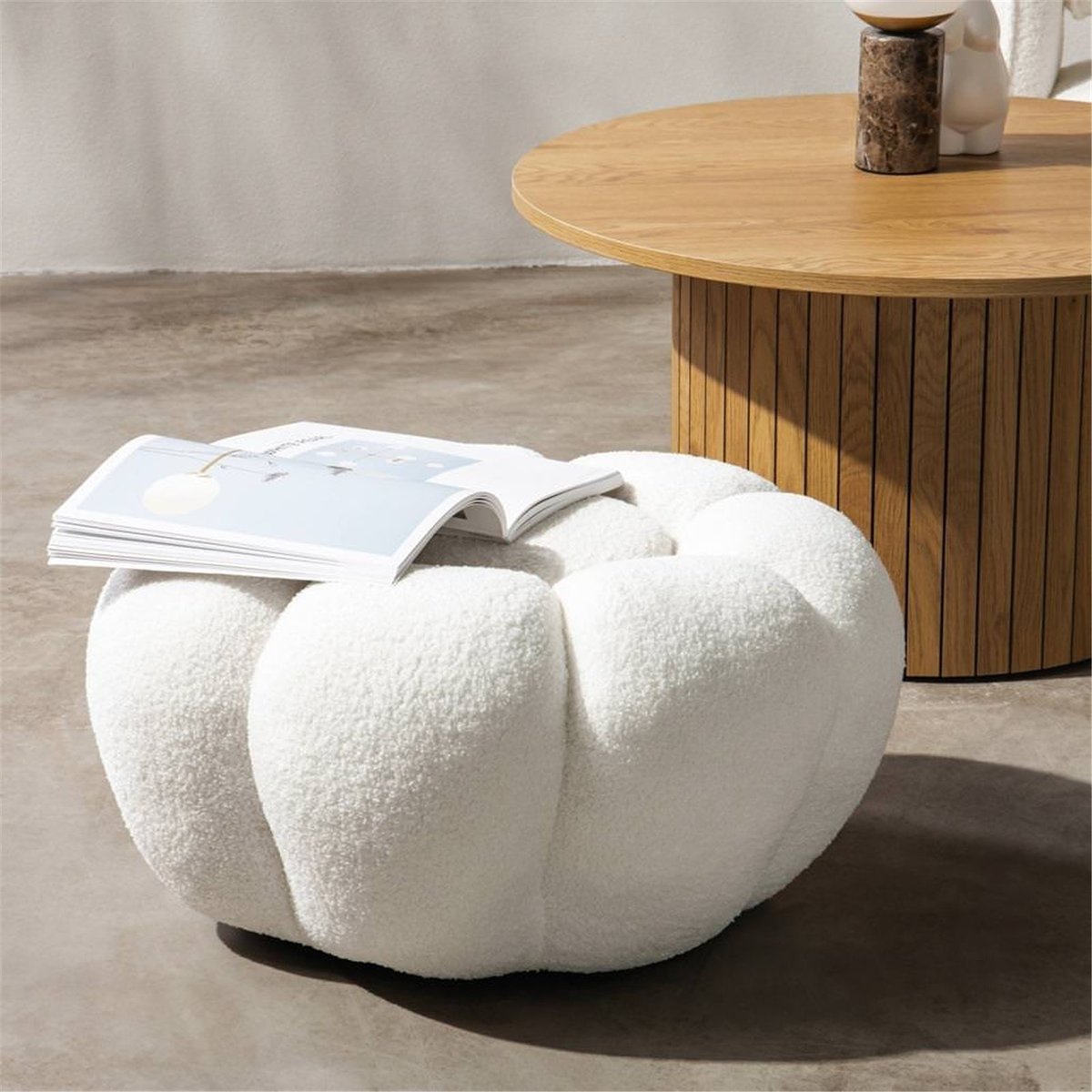 Pouf bouclette collection PERLE forme ronde beige, RECOLLECTION