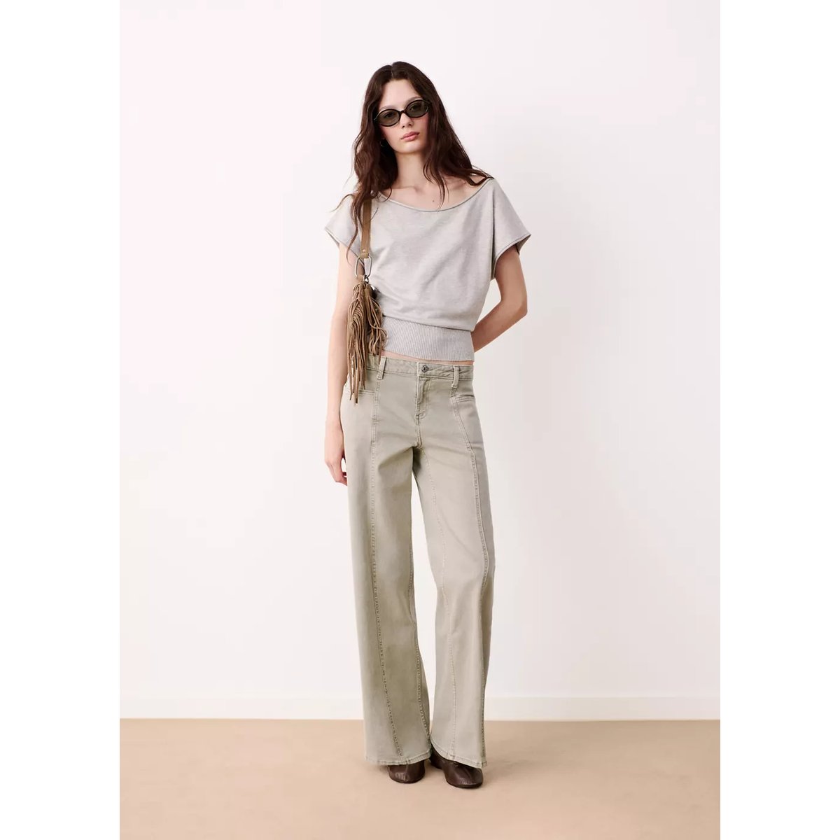Jean wide leg coutures décoratives kaki, MANGO TEEN