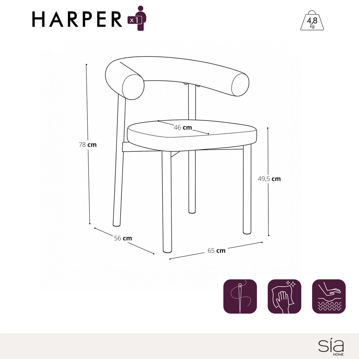 Lot de 2 chaises en tissu tramé toucher doux HARPER crème, SIA HOME