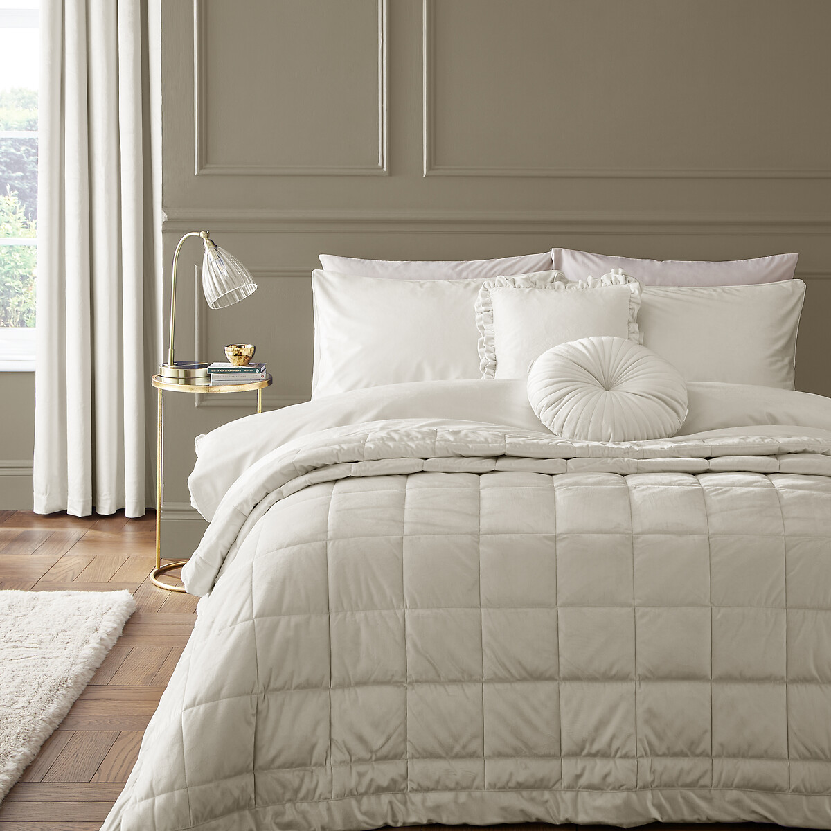 Kingsley Matt Velvet Quilted Bedspread - 220x220cm cream, CATHERINE LANSFIELD