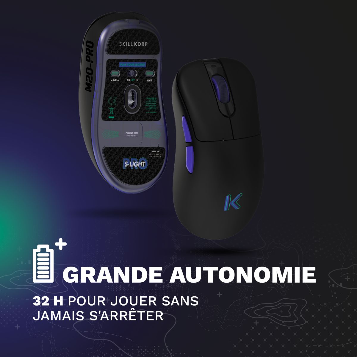 Souris Gamer Sans Fil M20 Pro Noir Ultimate 8K couleur unique, SKILLKORP