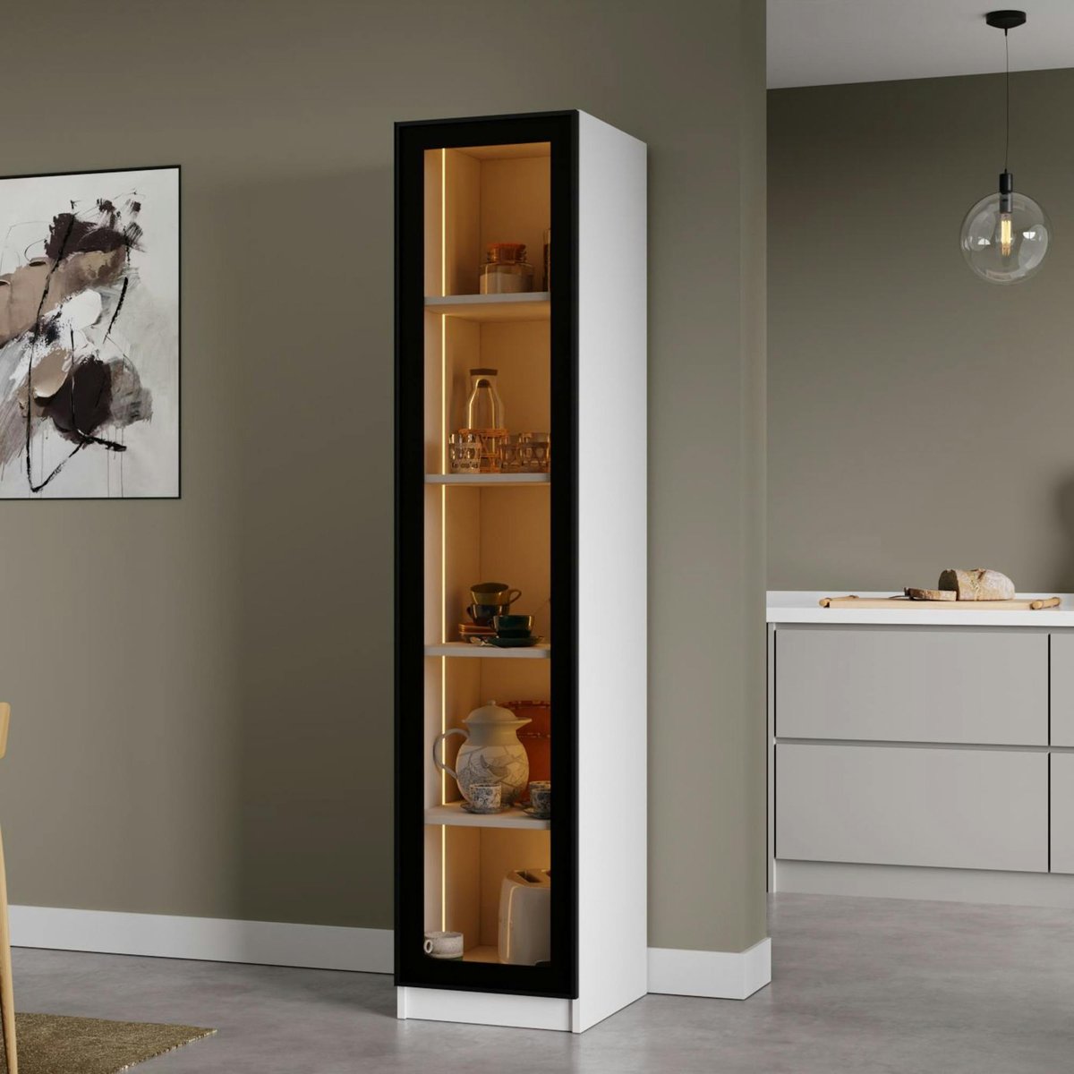 Vitrine colonne à LED décor blanc et noir 5 étagères AURA blanc, PIER IMPORT