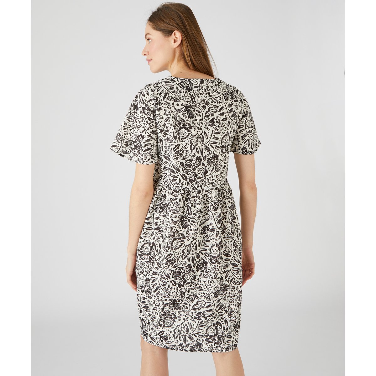 Robe imprimée en lin mélangé noir blanc fleuri, DAMART