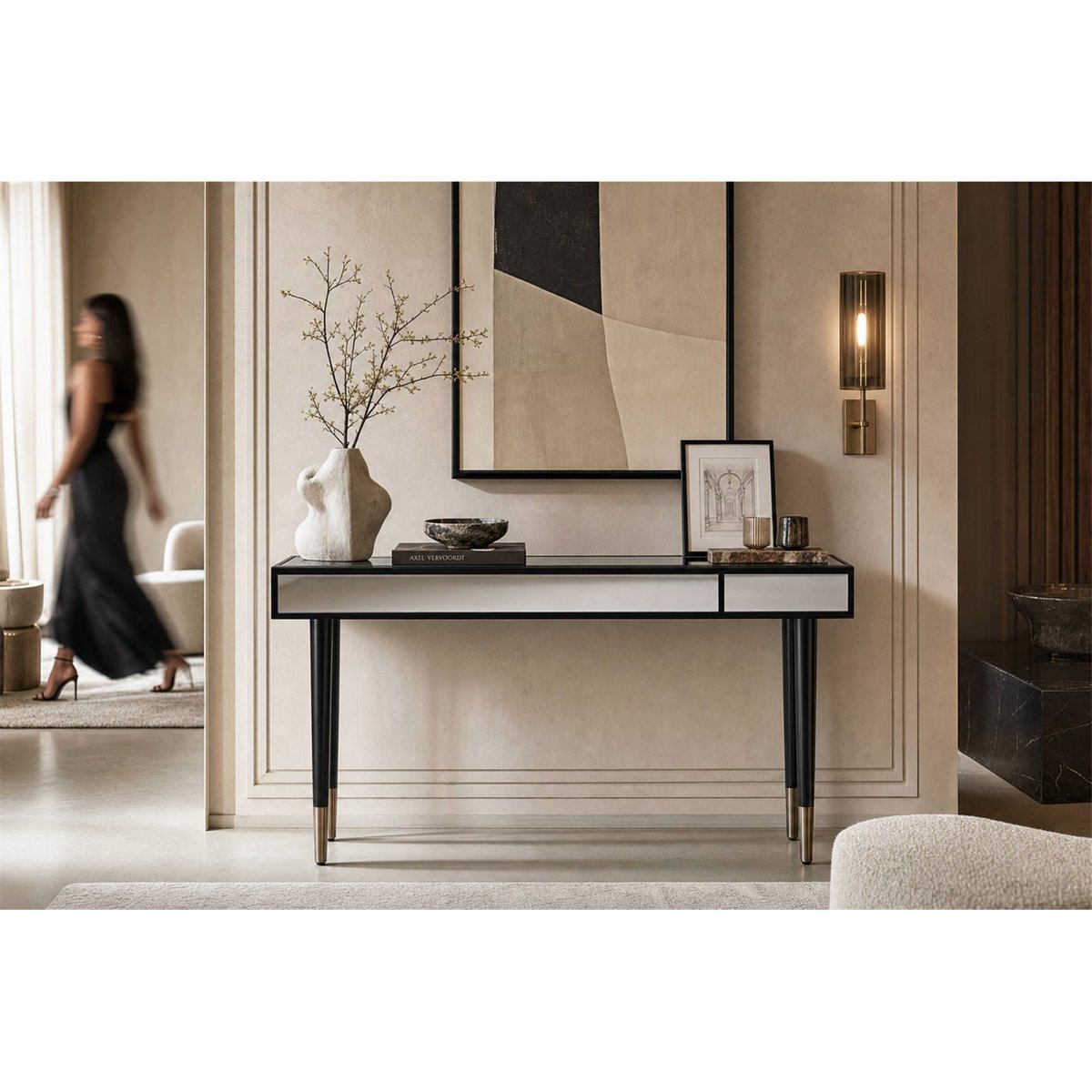 Console miroir glamour aux pieds effilés noir et miroir fumé, RECOLLECTION