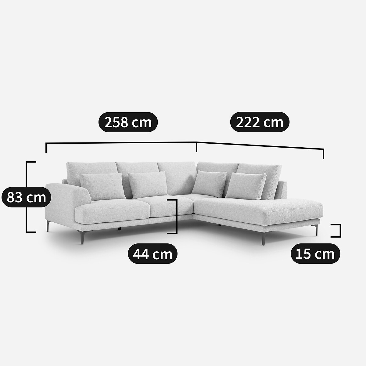 Sofa mit geschlossener rechter Ecke aus Chenille-Velours, Marsile basalt, AM.PM