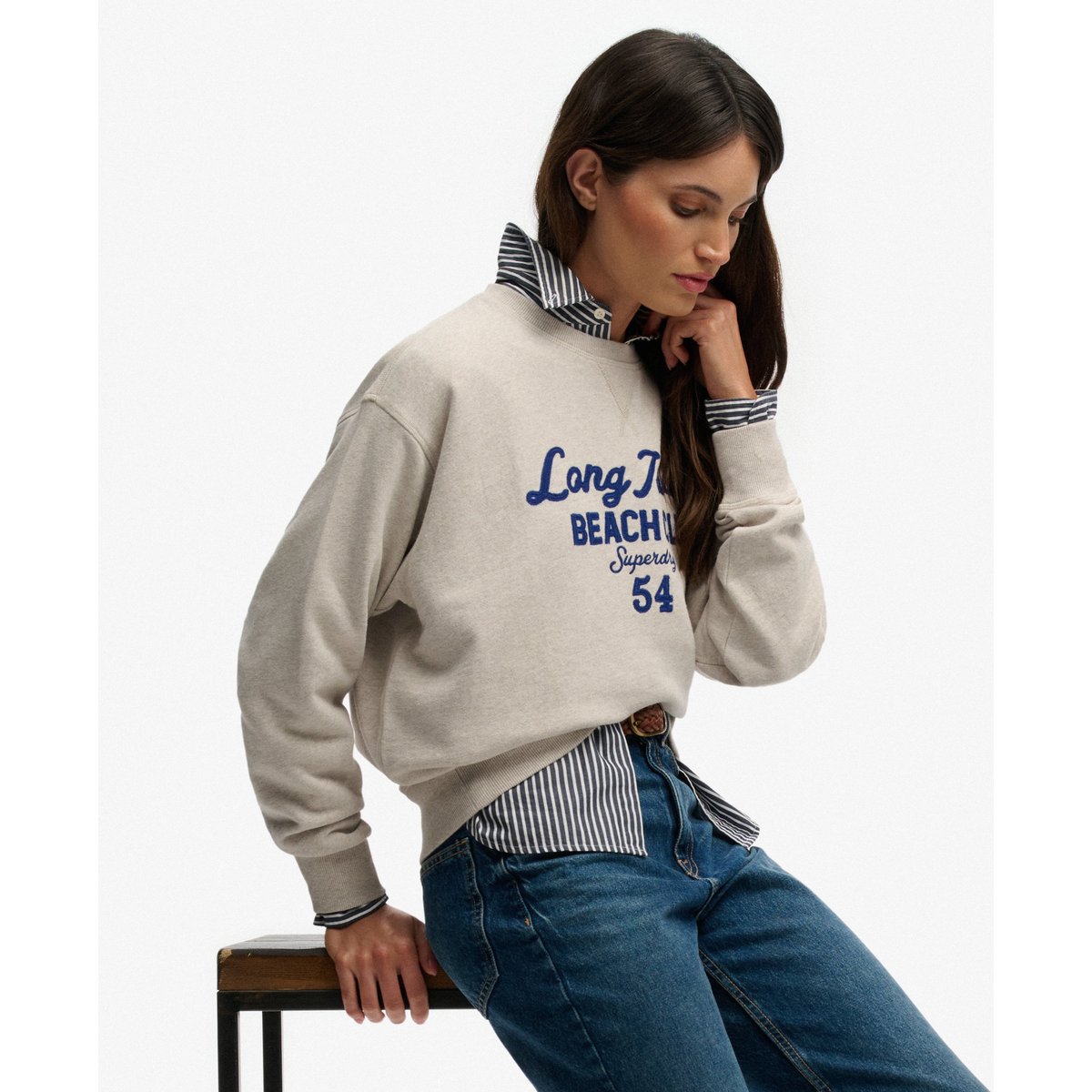 Sweatshirt Beach Club Coupe Droite grège chiné, SUPERDRY
