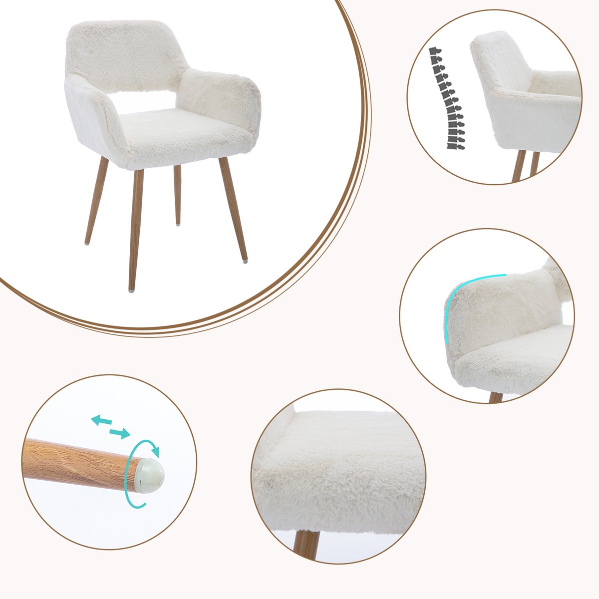 Fauteuil de bureau style scandinave en tissu effet poil de lapin, CROMWELL PELUCHEO blanc, MEUBLES COSY