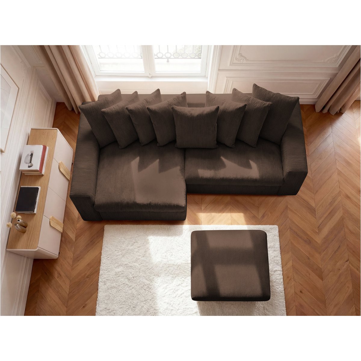 Canapé d'angle fixe 3 places en velours côtelé avec pouf, ENORE marron, BOBOCHIC