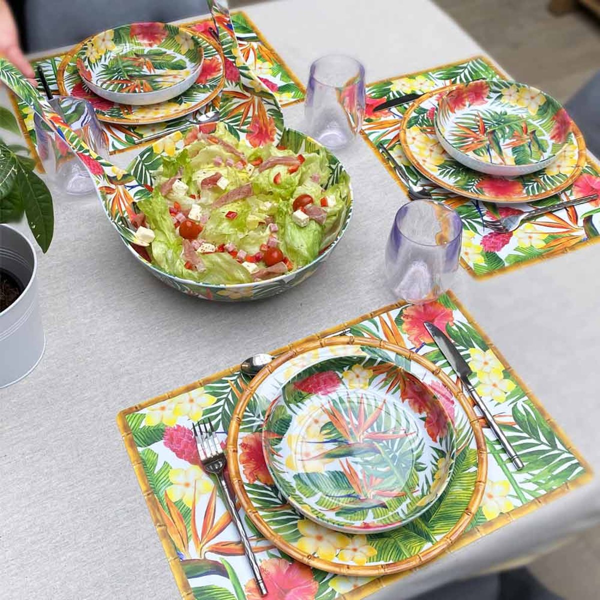 Assiette creuse mélamine Fleurs Exotiques 20 cm vert, orange, LES JARDINS DE LA COMTESSE