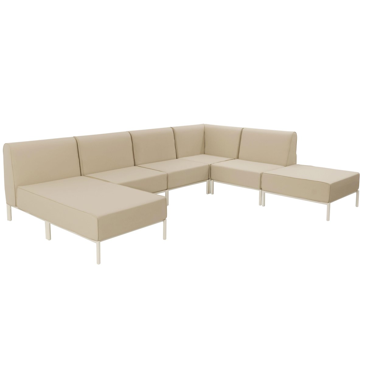 Salon de jardin modulable 6 places avec 3 chauffeuses, 1 fauteuil d'angle, 1 méridienne et 1 pouf, PATIO beige, OVIALA