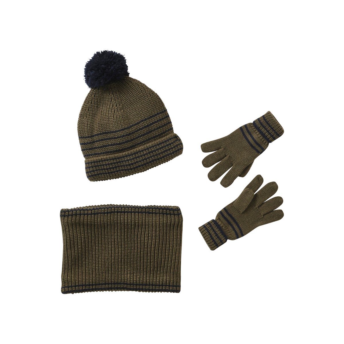 Ensemble rayé bonnet + snood + moufles/gants kaki, VERTBAUDET