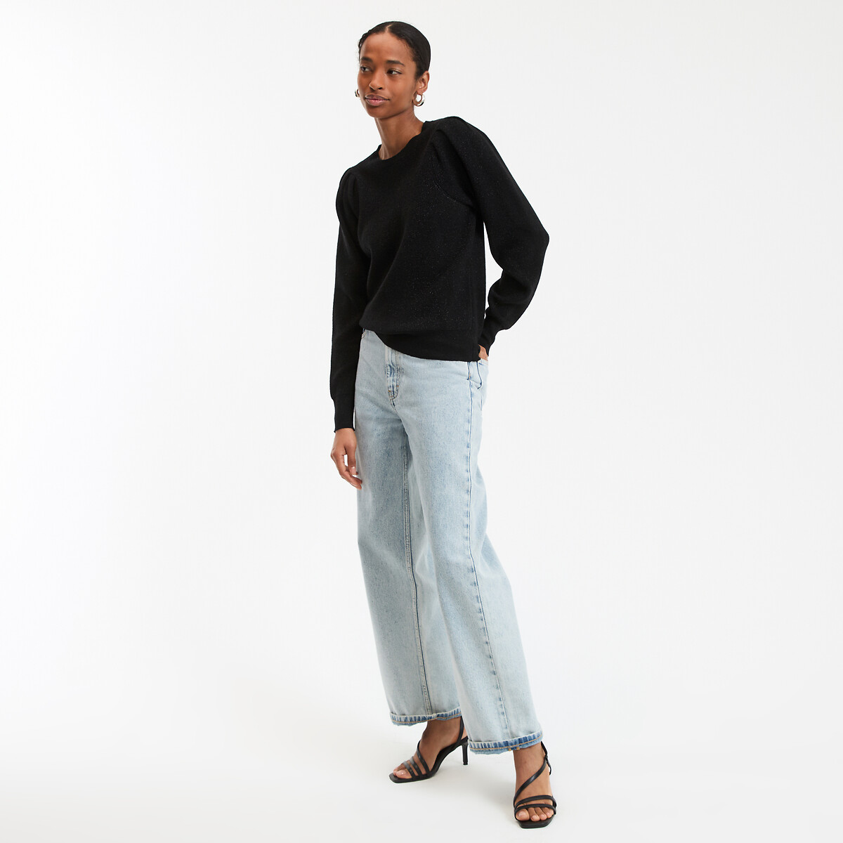 Crew-Neck Jumper in Fine Metallic Knit black with metallic thread, LA REDOUTE COLLECTIONS