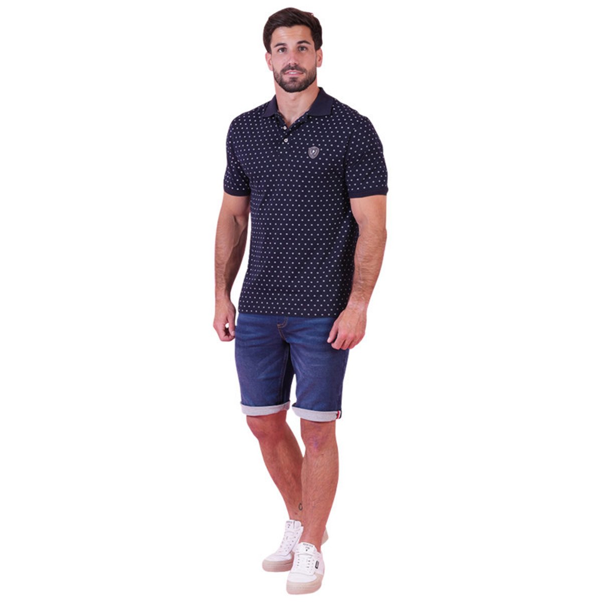 Polo en coton marine à motifs pourvu d'une coupe droite et d'un col boutonné bleu foncé, RUCKFIELD
