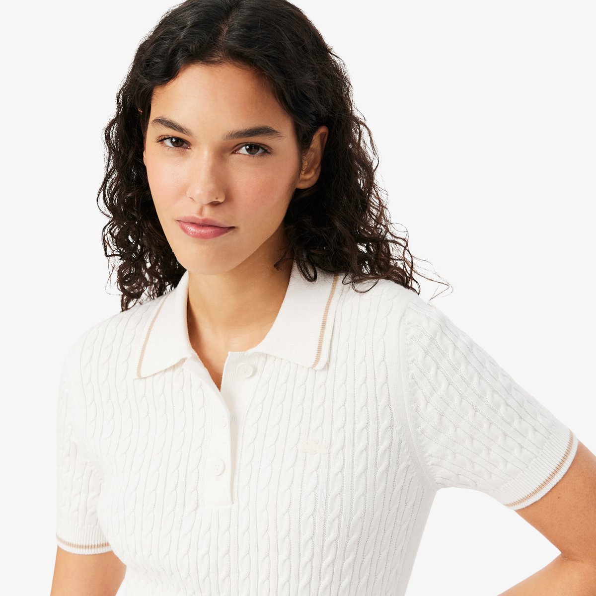 Pull col polo maille torsadée rayures blanc-70v, LACOSTE