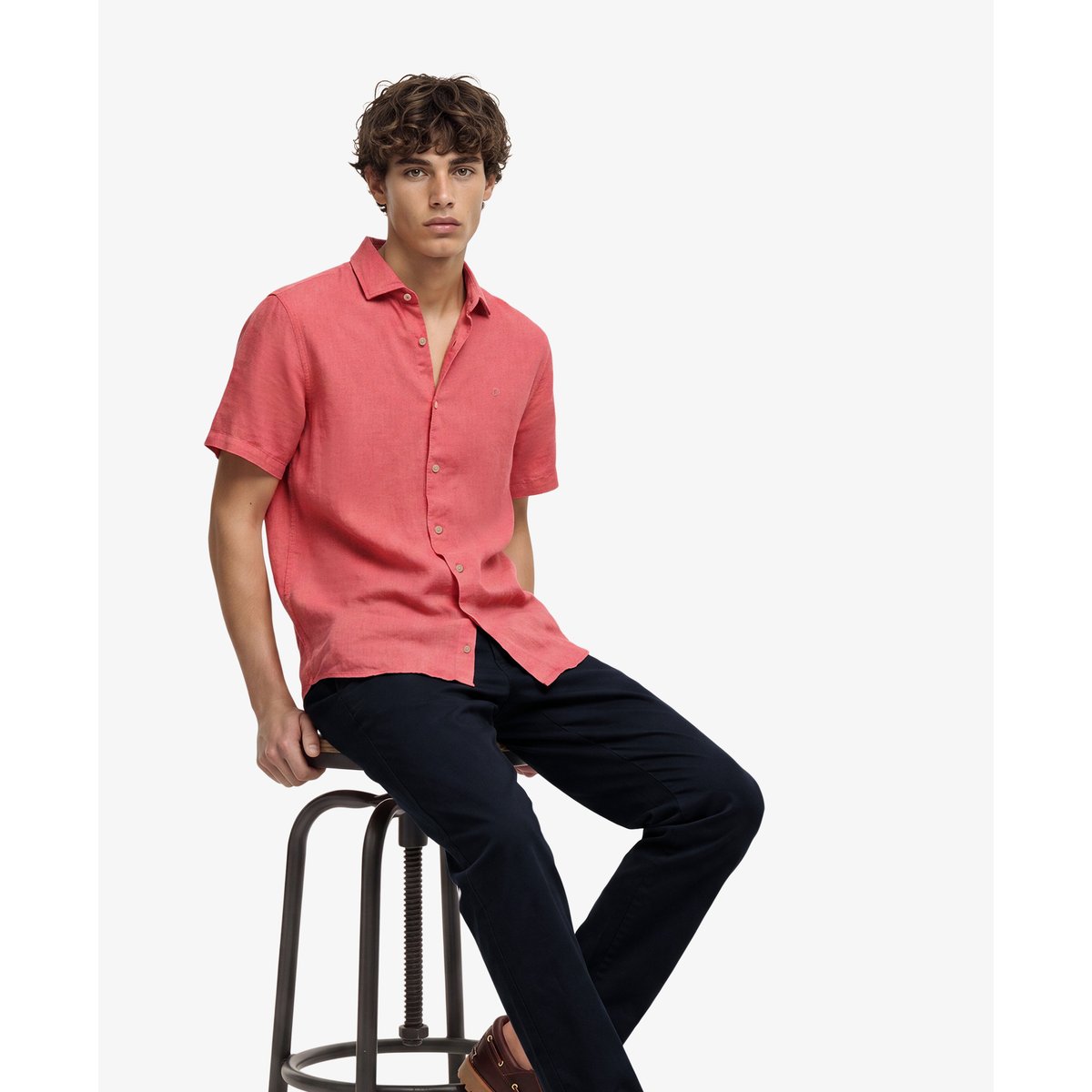 Chemise en lin à manches courtes Riviera corail, SUPERDRY