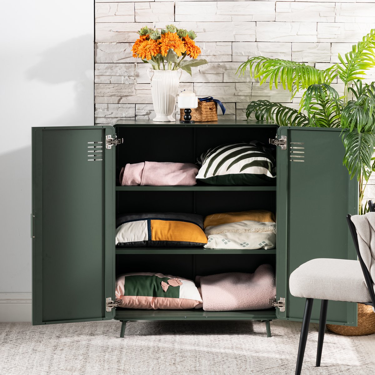 Armoire de rangement avec 2 portes et 3 couches en métal industriel, WALNUTLIVING vert foncé, MEUBLES COSY