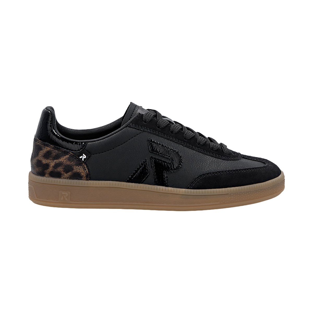 Tennis en cuir noires avec empiècement motif léopard brillant noires, RIEKER