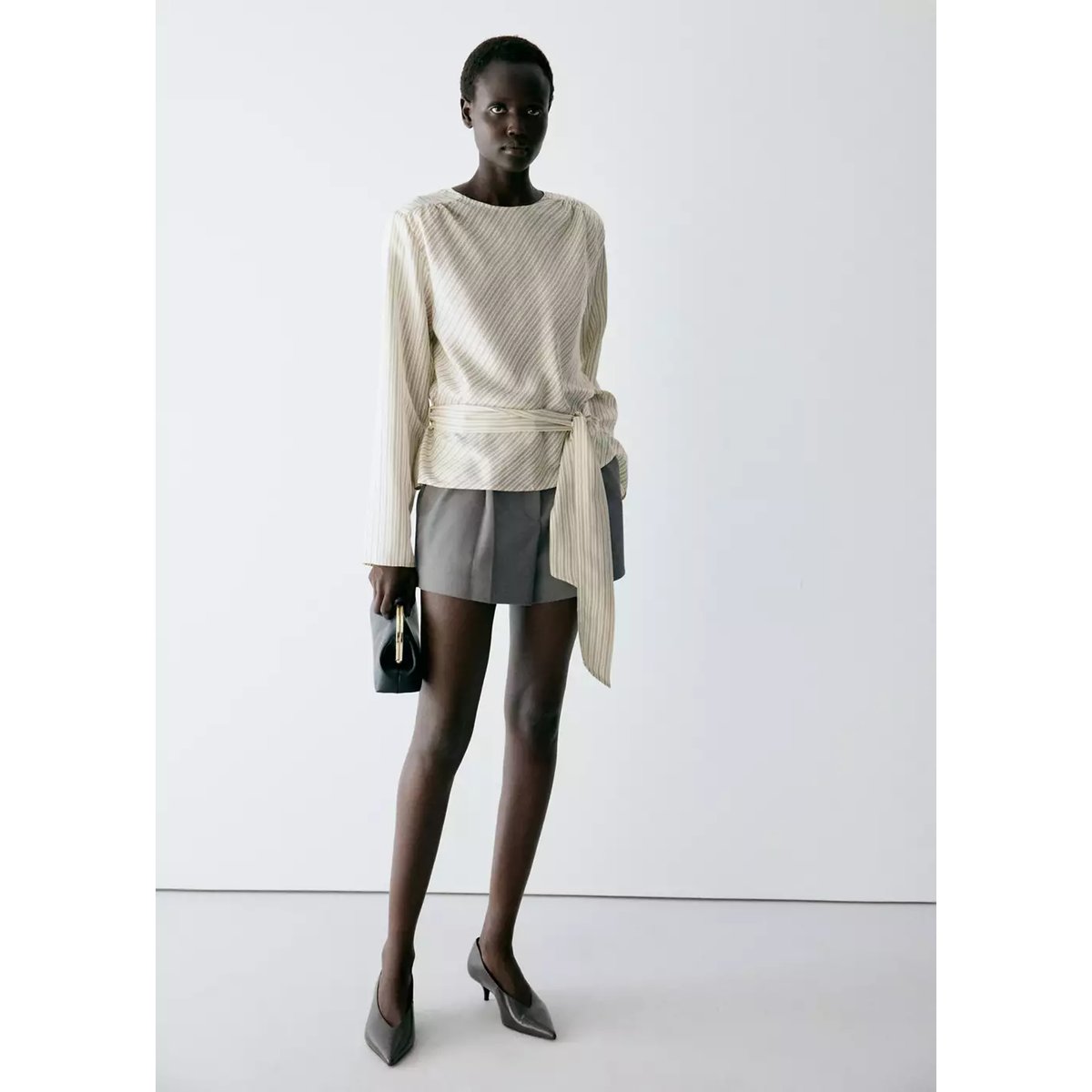 Blouse rayures nouée à la ceinture écru, MANGO
