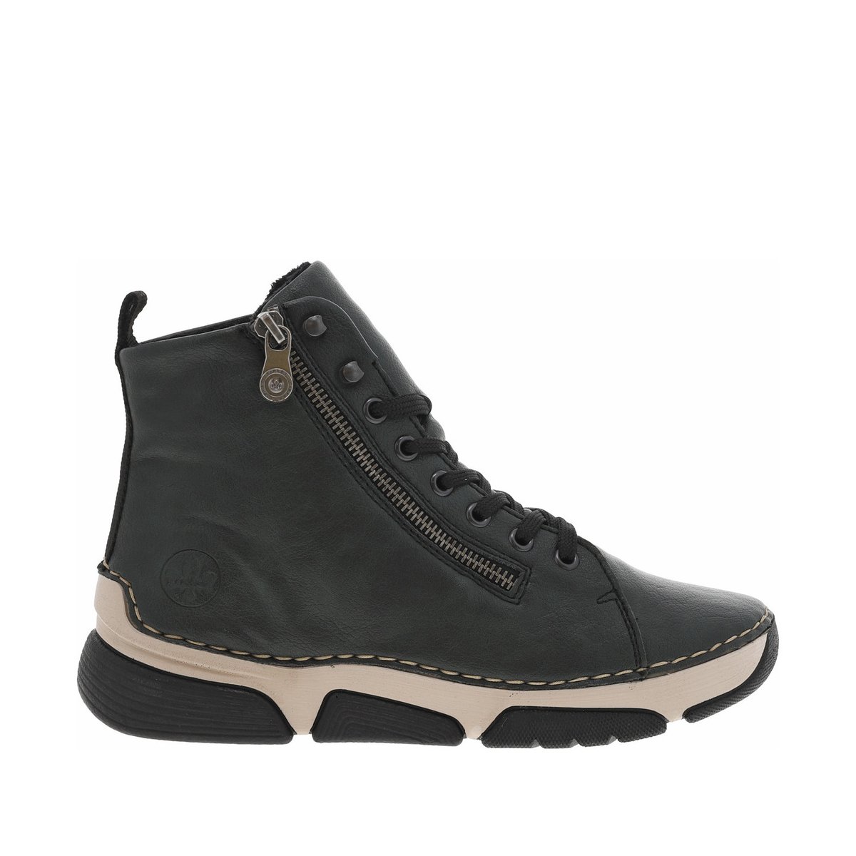 Bottines à talon compensé bas avec des lacets et un zip latéral grises, RIEKER