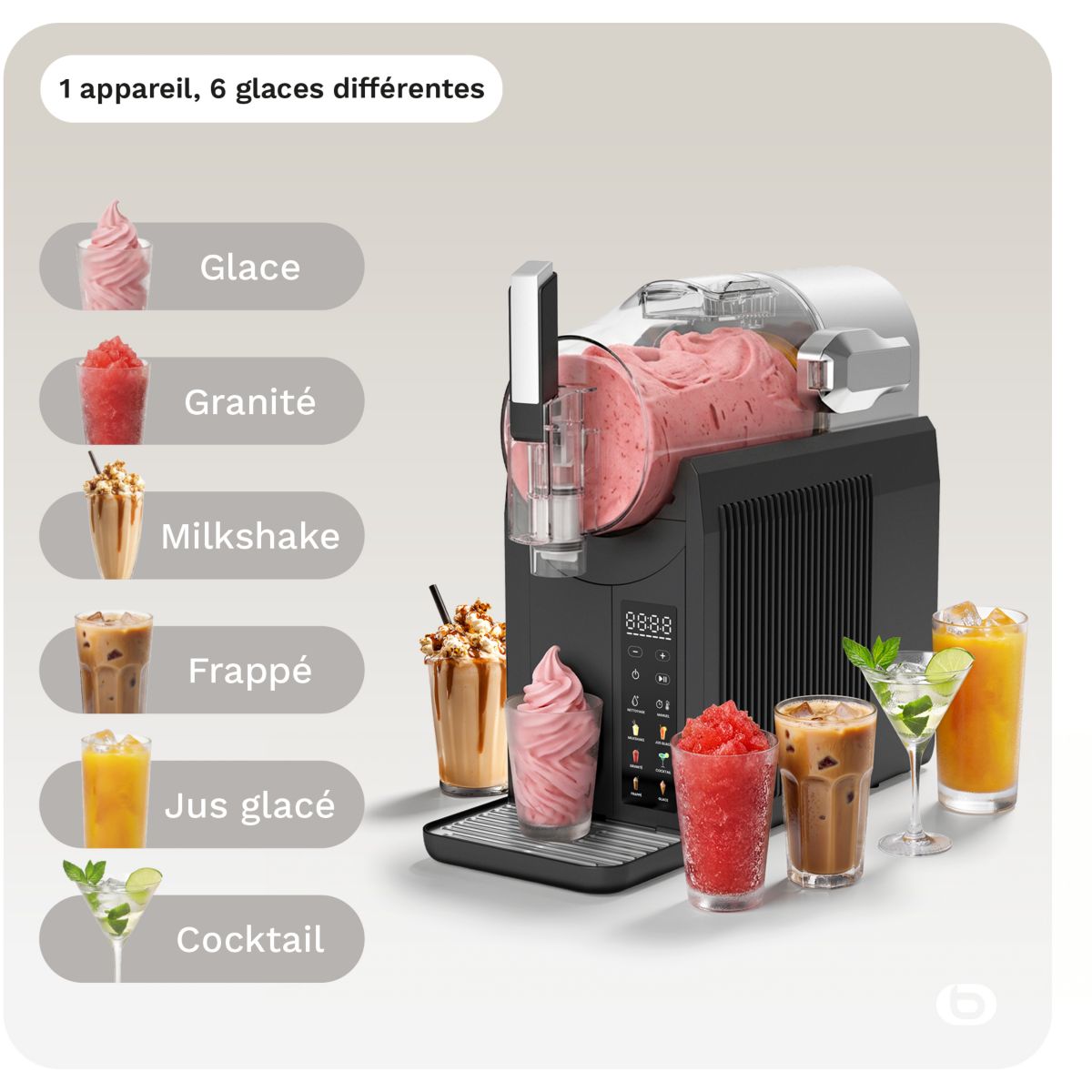 Machine à granita EMGG1 Glaces à l'italienne, granités, milkshakes, cafés frappés, jus glacés, cocktails, 2L couleur unique, ESSENTIEL B