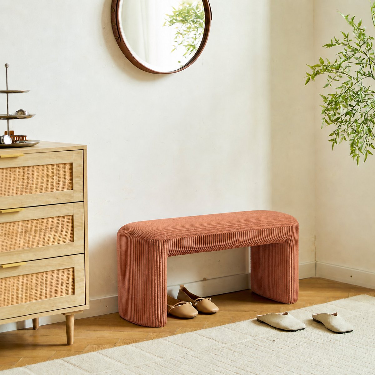 Banc style scandinave, velours côtelé, RIGA terracotta, NORDLYS