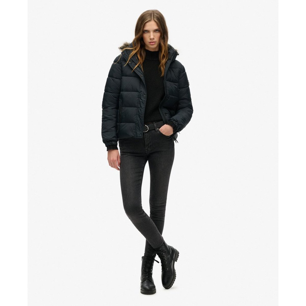 Veste courte à capuche mi- épaisse noir de jais, SUPERDRY