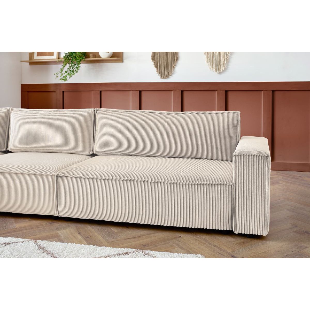 Canapé modulable 6 places en velours côtelé, NIHAD beige, BOBOCHIC