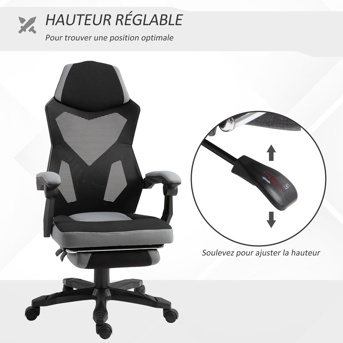 Chaise de bureau Tissus Gris gris et noir, HOMCOM