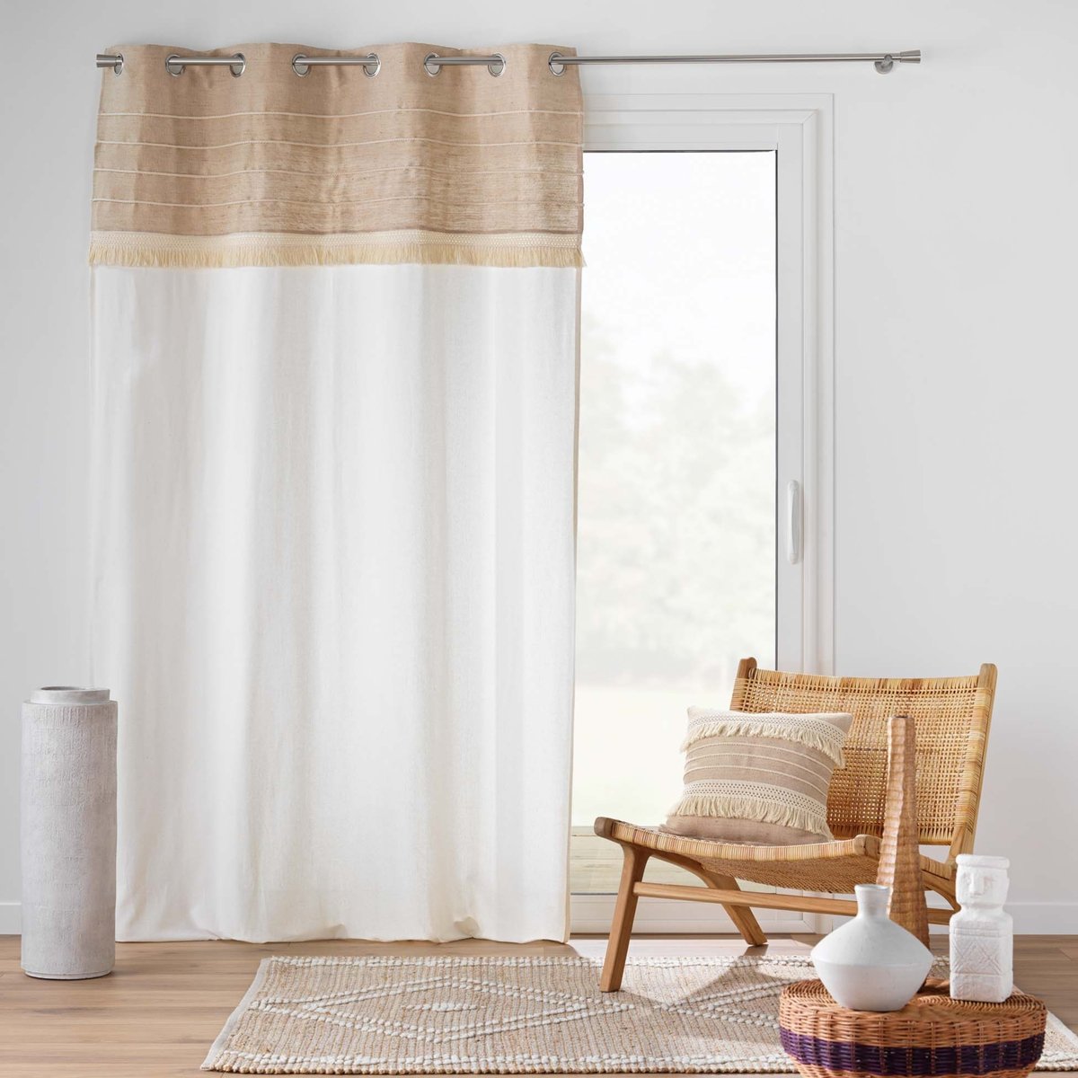 Rideau à œillets en poly-coton et jute avec bande structurée naturel, DOUCEUR D'INTÉRIEUR