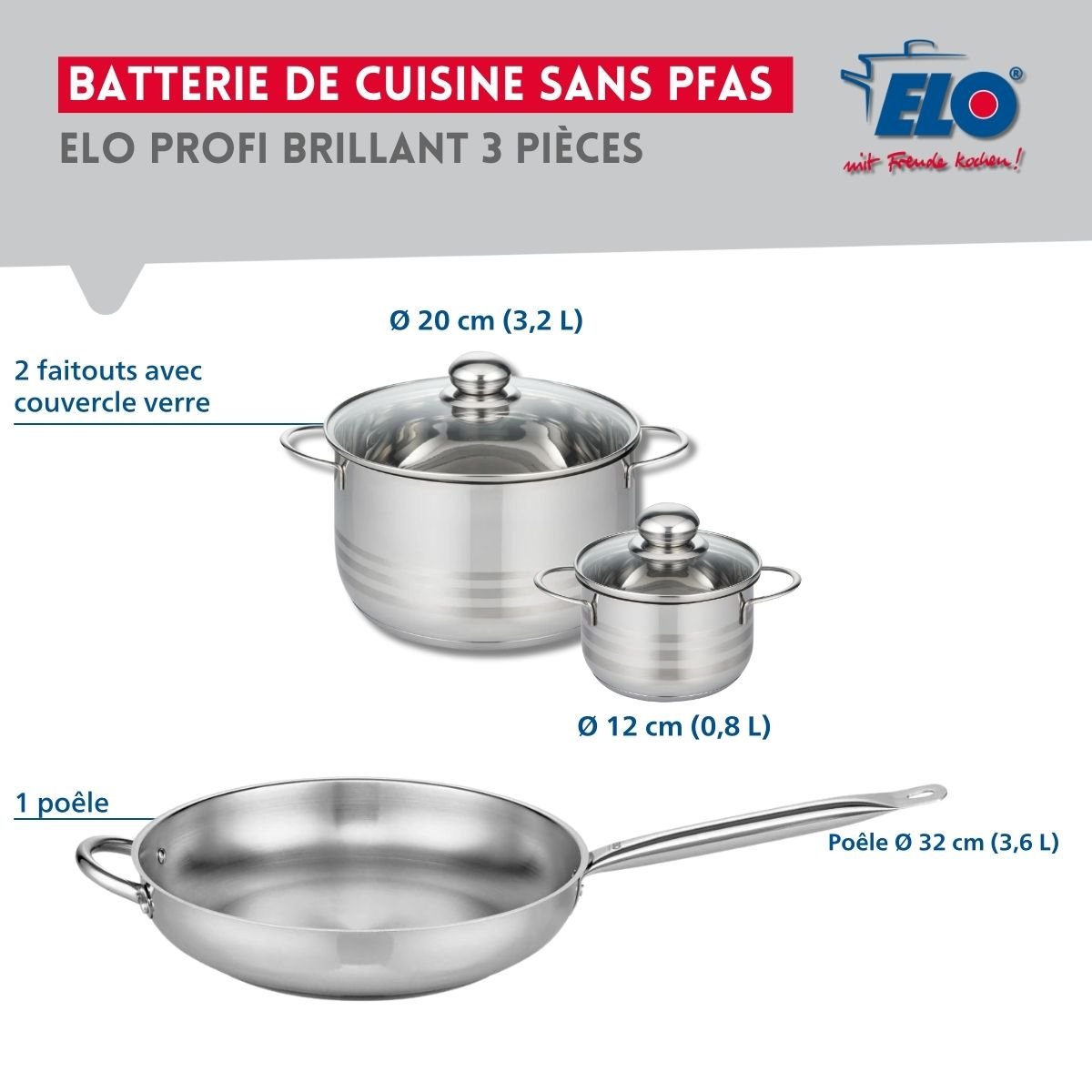 Batterie 1 poêle 32cm + 2 faitouts 12/20cm PROFI BRILLANT gris, ELO