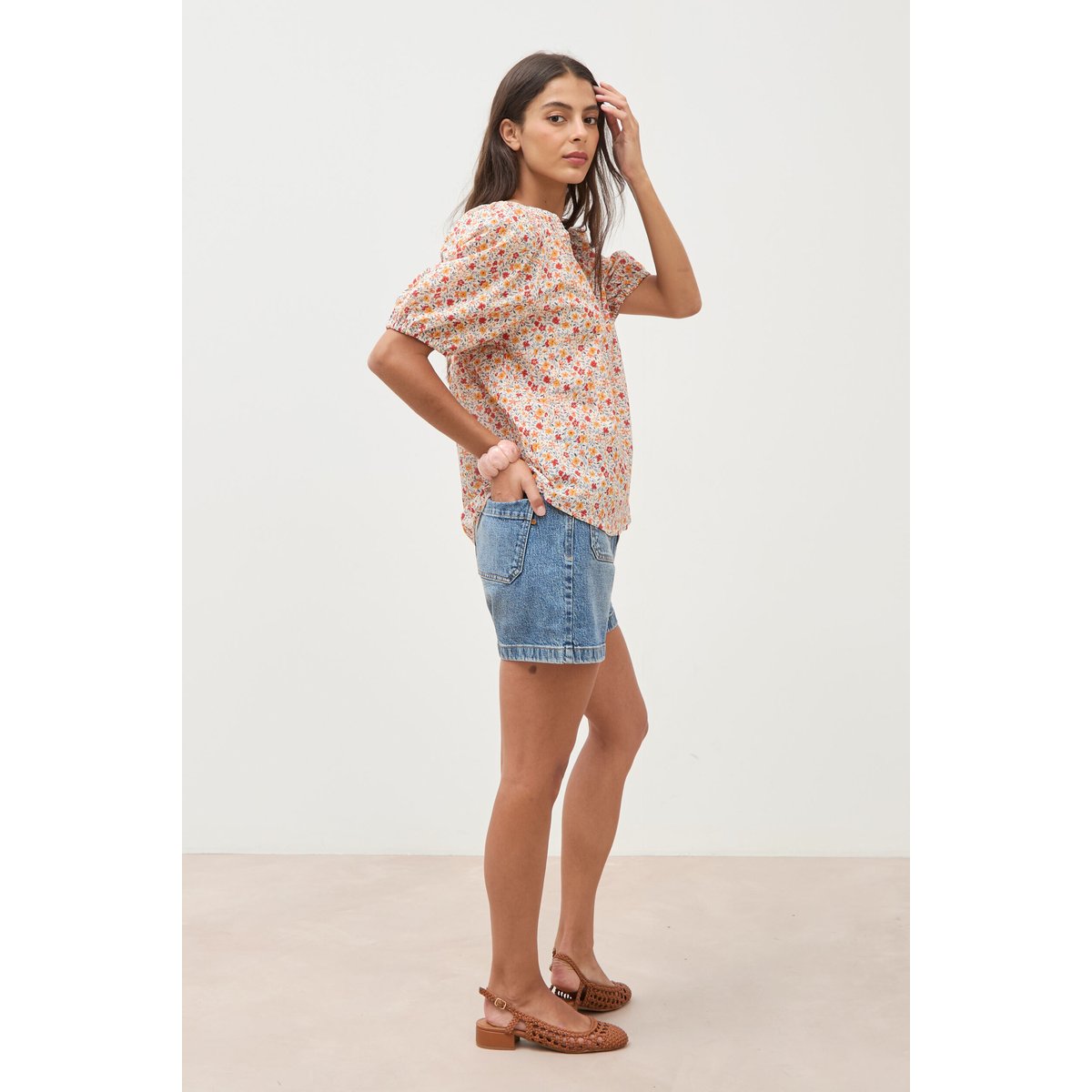 Blouse droite en coton manches courtes orange foncé, BONOBO