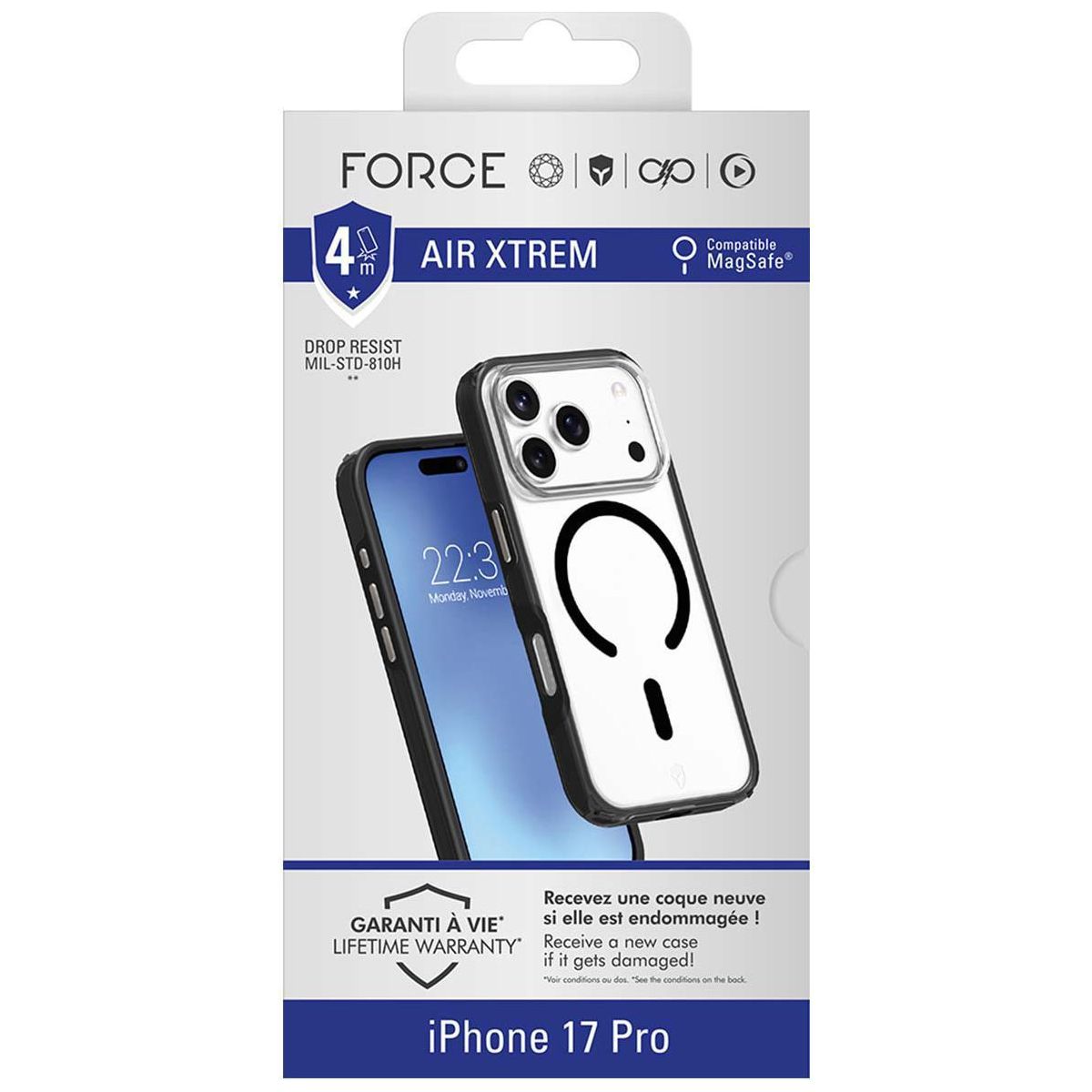 Coque iPhone 17 Pro MagSafe Xtrem Noir couleur unique, FORCE CASE