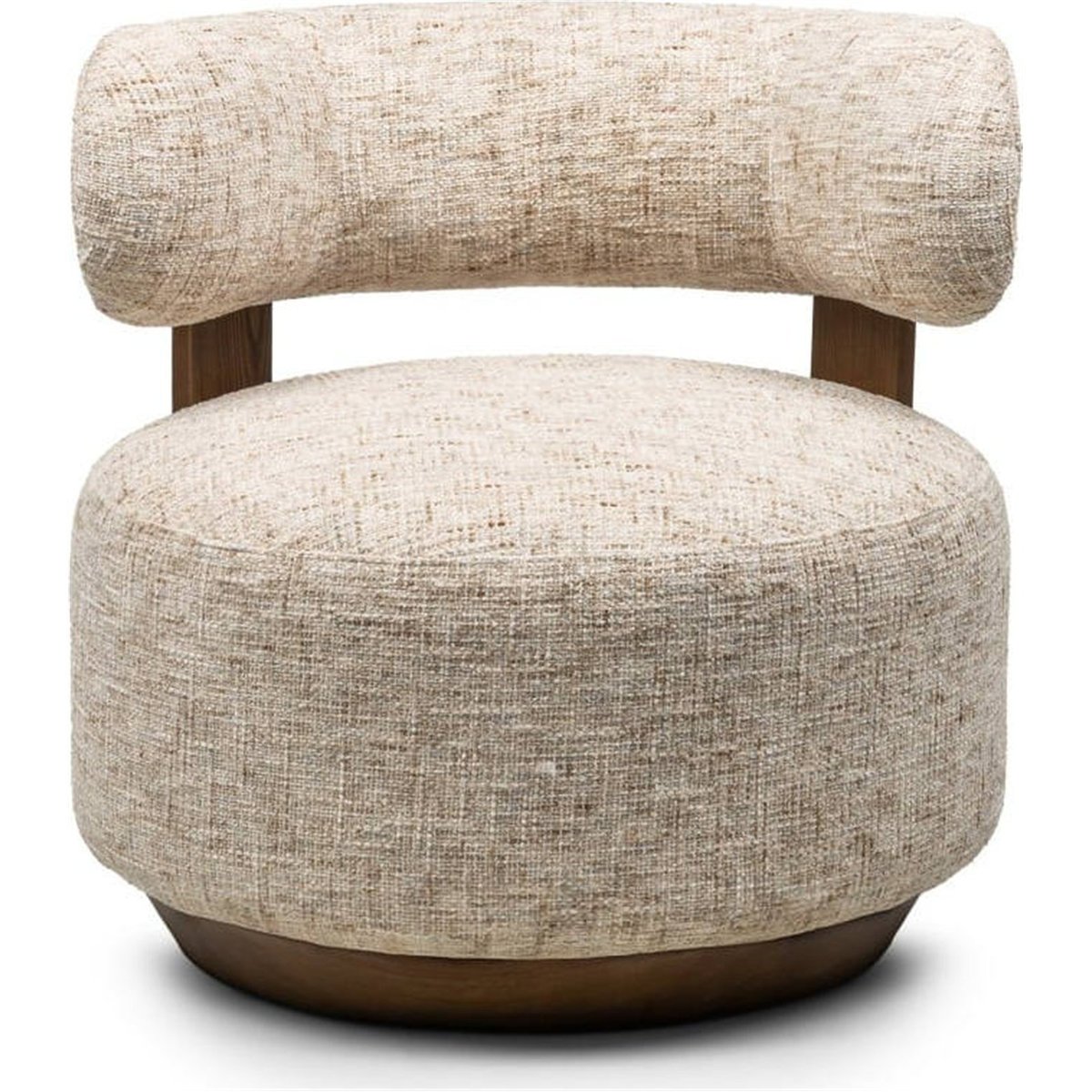 Fauteuil lounge arrondi tissu et noyer bleu beige et noyer, RECOLLECTION