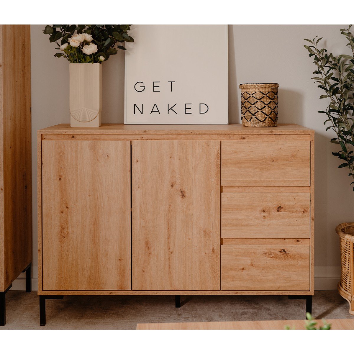 Buffet 2 portes 3 tiroirs L120 cm PLOCK bois clair, CALICOSY