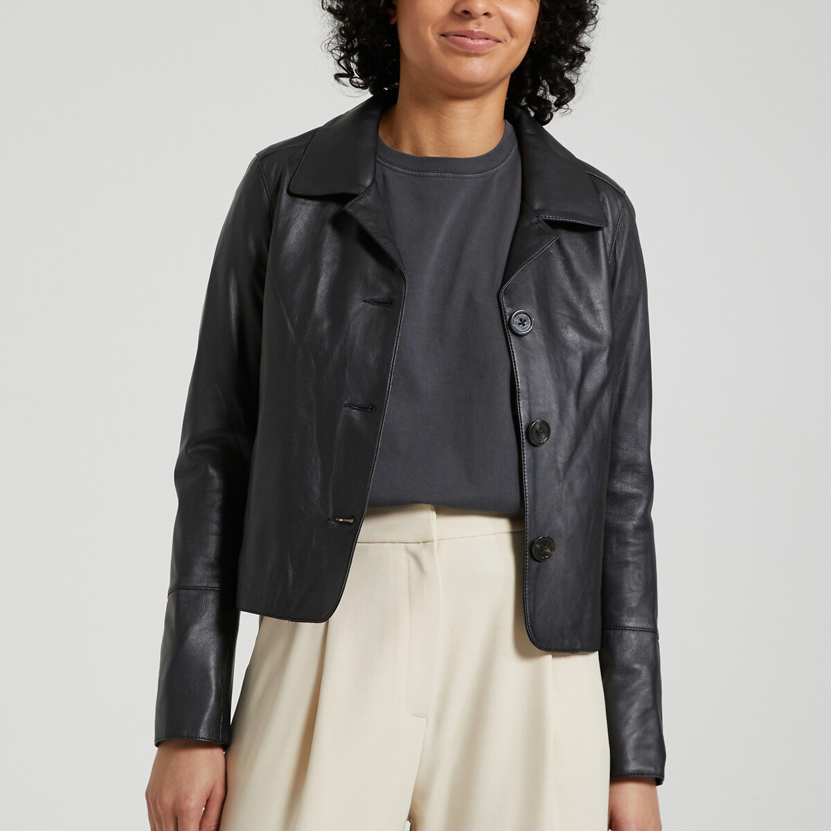Lexia Leather Short Jacket with Tailored Collar and Button Fastening black, OAKWOOD