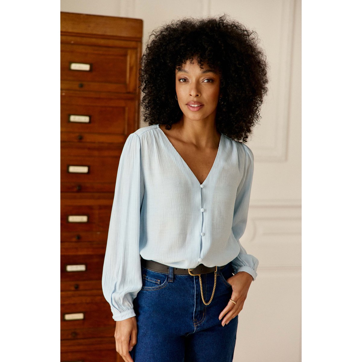 Blouse manches longues col v uni BIANCA 21-ciel, LA PETITE ETOILE
