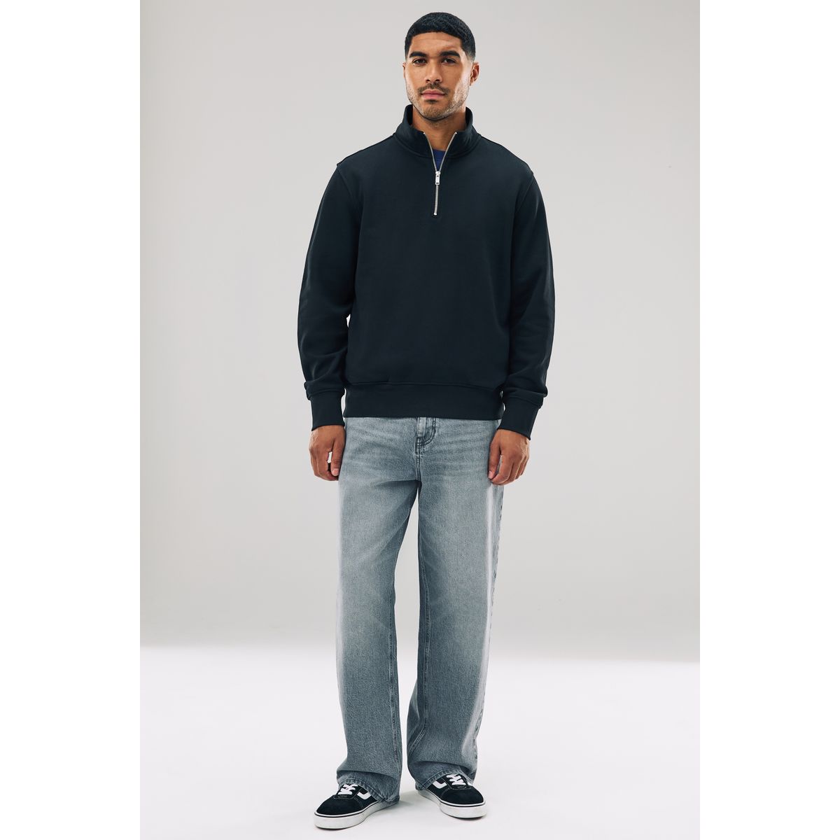 Sweat en jersey de coton à col zippé noir, NEXT